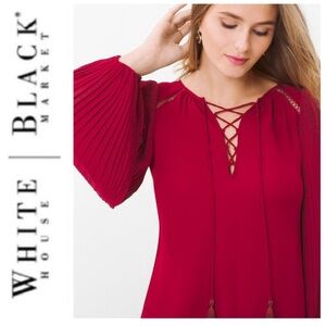 White House Black Market Deep Red Pleated Sleeve Preppy Quiet Luxury Blouse